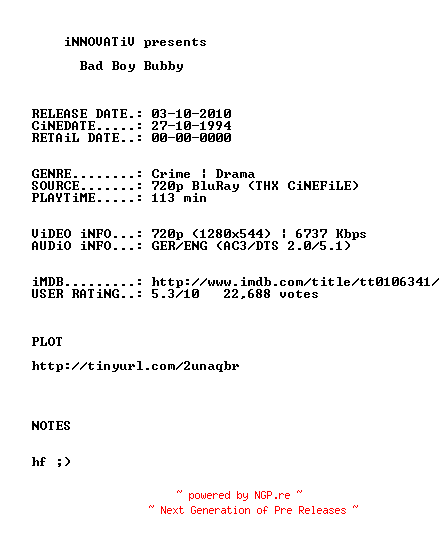 NFO for the release Bad.Boy.Bubby.1993.German.AC3D.DL.720p.BluRay.x264-iNNOVATiV by iNNOVATiV