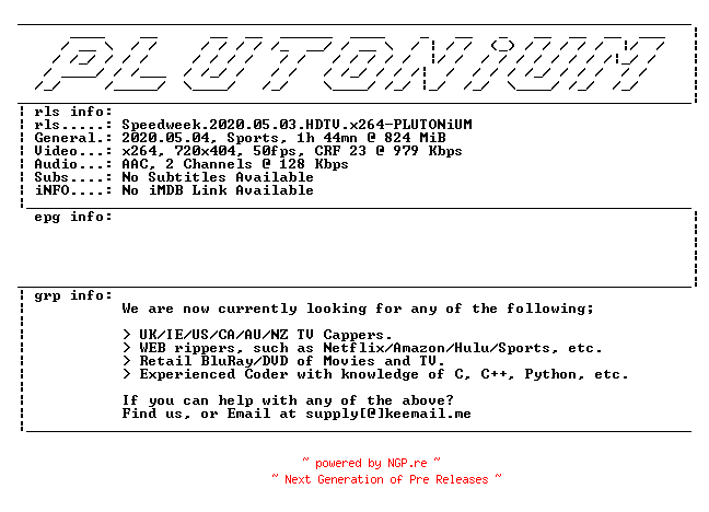 NFO for the release Speedweek.2020.05.03.HDTV.x264-PLUTONiUM by PLUTONiUM