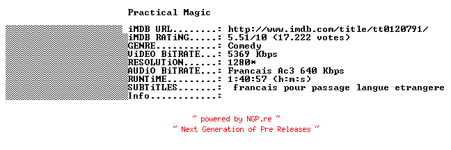NFO for the release Practical.Magic.1998.FRENCH.720p.BluRay.x264-THENiGHTMAREiNHD by THENiGHTMAREiNHD
