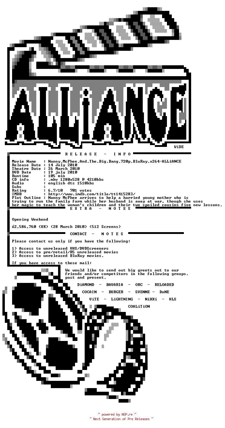 NFO for the release Nanny.McPhee.And.The.Big.Bang.720p.BluRay.x264-ALLiANCE by ALLiANCE
