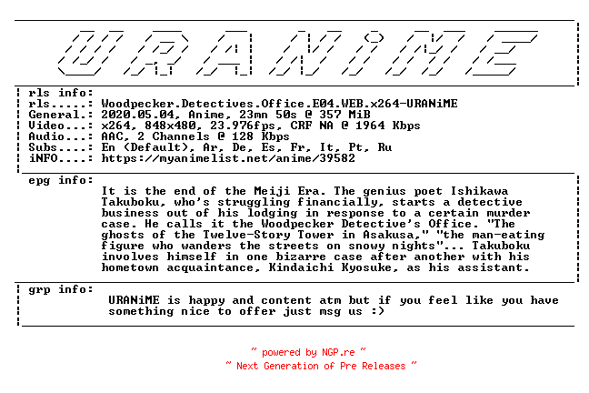 NFO for the release Woodpecker.Detectives.Office.E04.WEB.x264-URANiME by URANiME