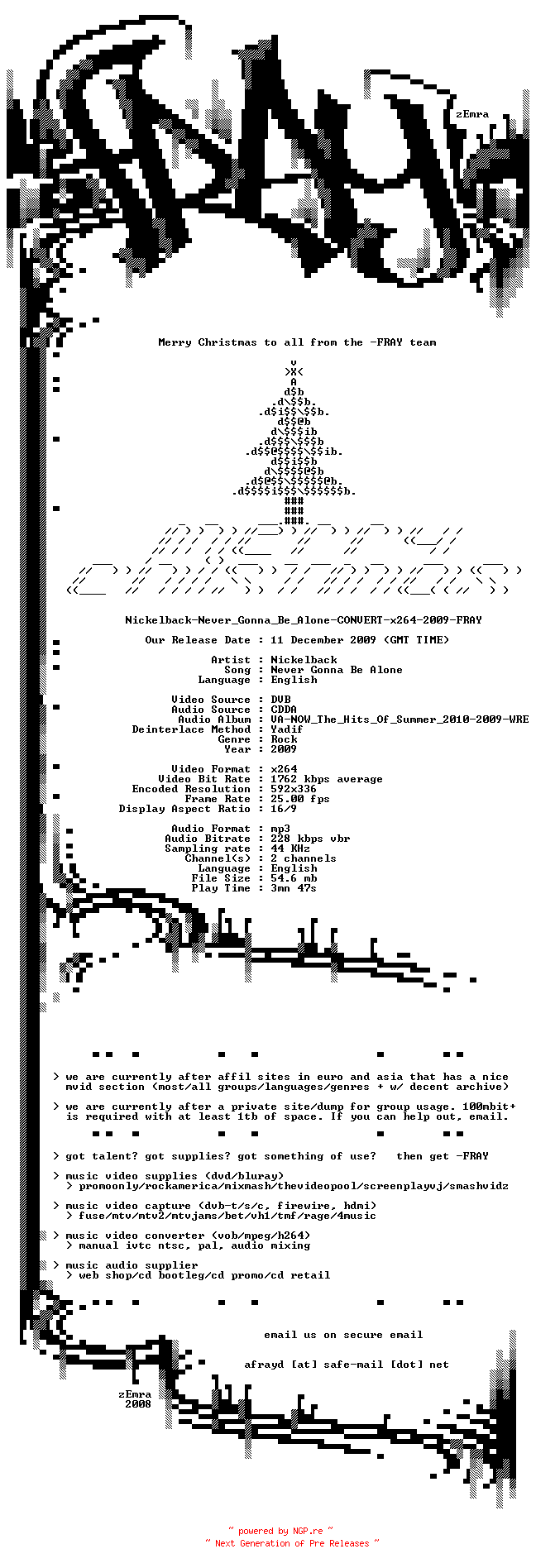NFO for the release Nickelback-Never_Gonna_Be_Alone-CONVERT-x264-2009-FRAY by FRAY