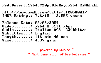 NFO for the release Red.Desert.1964.720p.BluRay.x264-CiNEFiLE by CiNEFiLE