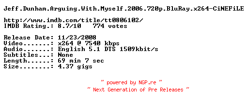 NFO for the release Jeff.Dunham.Arguing.With.Myself.2006.720p.BluRay.x264-CiNEFiLE by CiNEFiLE