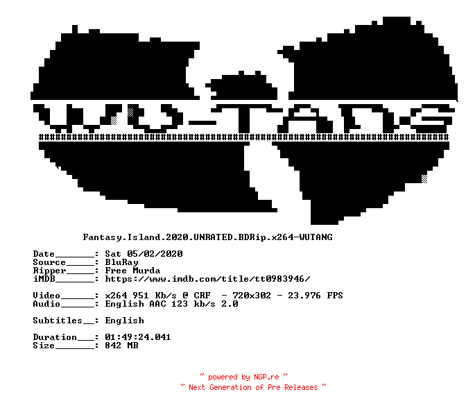NFO for the release Fantasy.Island.2020.UNRATED.BDRip.x264-WUTANG by WUTANG