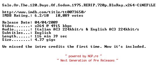 NFO for the release Salo.Or.The.120.Days.Of.Sodom.1975.RERIP.720p.BluRay.x264-CiNEFiLE by CiNEFiLE