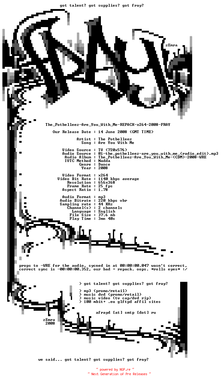 NFO for the release The_Potbelleez-Are_You_With_Me-REPACK-x264-2008-FRAY by FRAY