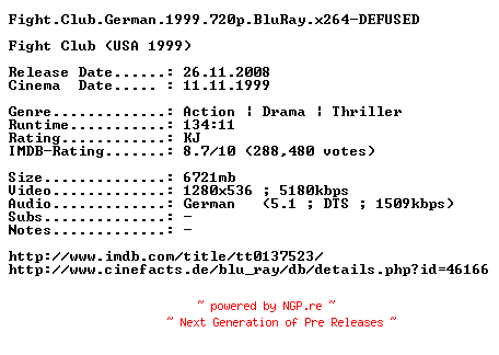 NFO for the release Fight.Club.German.1999.720p.BluRay.x264-DEFUSED by DEFUSED