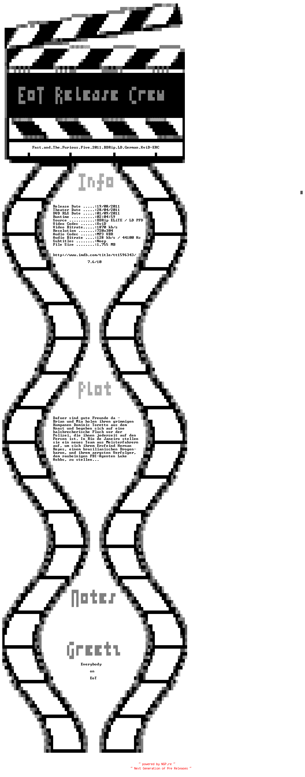 NFO for the release Fast.and.The.Furious.Five.2011.BDRip.LD.German.XviD-ERC by ERC