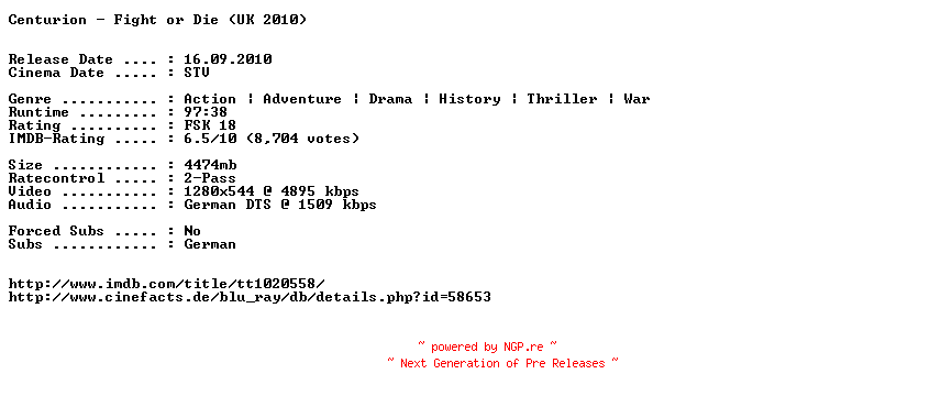 NFO for the release Centurion.Fight.or.Die.German.720p.BluRay.x264-EXQUiSiTE by EXQUiSiTE