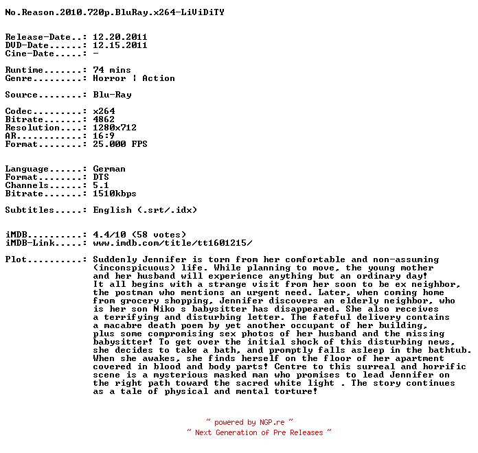 NFO for the release No.Reason.2010.720p.BluRay.x264-LiViDiTY by LiViDiTY