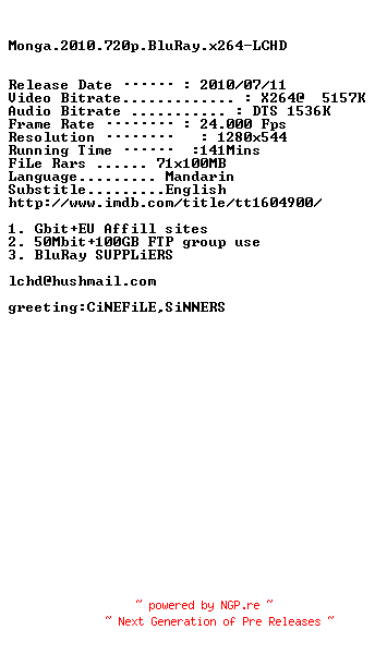 NFO for the release Monga.2010.720p.BluRay.x264-LCHD by LCHD