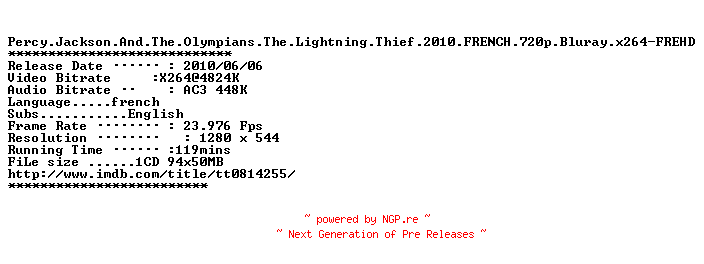 NFO for the release Percy.Jackson.And.The.Olympians.The.Lightning.Thief.2010.FRENCH.720p.Bluray.x264-FREHD by FREHD