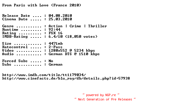 NFO for the release From.Paris.with.Love.German.720p.BluRay.x264-EXQUiSiTE by EXQUiSiTE