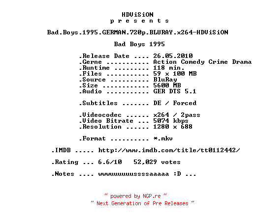 NFO for the release Bad.Boys.1995.GERMAN.720p.BLURAY.x264-HDViSiON by HDViSiON