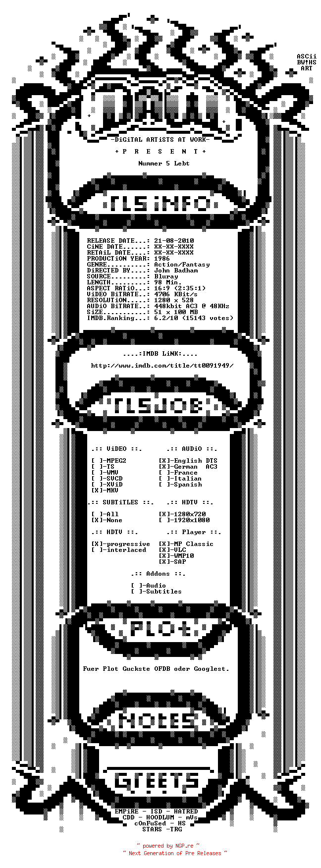 NFO for the release Nummer.5.lebt.German.1986.German.AC3D.DL.720p.BluRay.x264-DAW by DAW