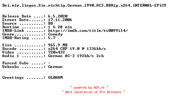 NFO for the release Bei.mir.liegen.Sie.richtig.German.1990.AC3.BDRip.x264.iNTERNAL-SPiCY by SPiCY
