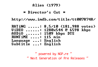 NFO for the release Alien.1979.Directors.Cut.720p.BluRay.x264-MELiTE by MELiTE