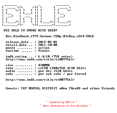 NFO for the release Der.Windhund.1979.German.720p.BluRay.x264-EHLE by EHLE