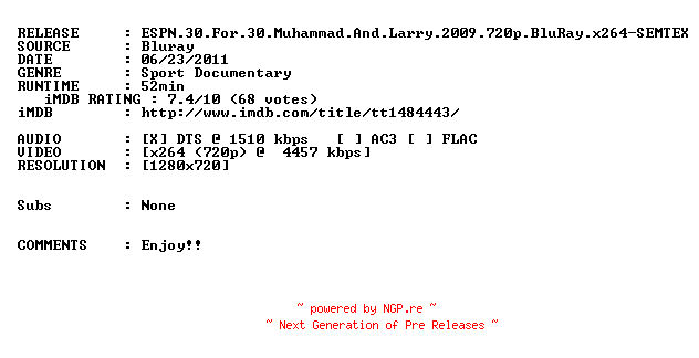 NFO for the release ESPN.30.For.30.Muhammad.And.Larry.2009.720p.BluRay.x264-SEMTEX by SEMTEX