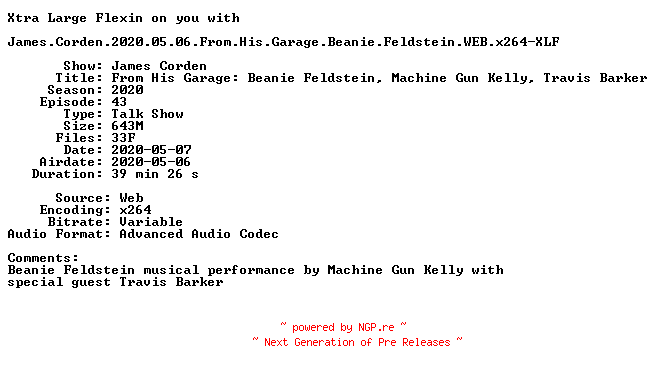 NFO for the release James.Corden.2020.05.06.From.His.Garage.Beanie.Feldstein.WEB.x264-XLF by XLF