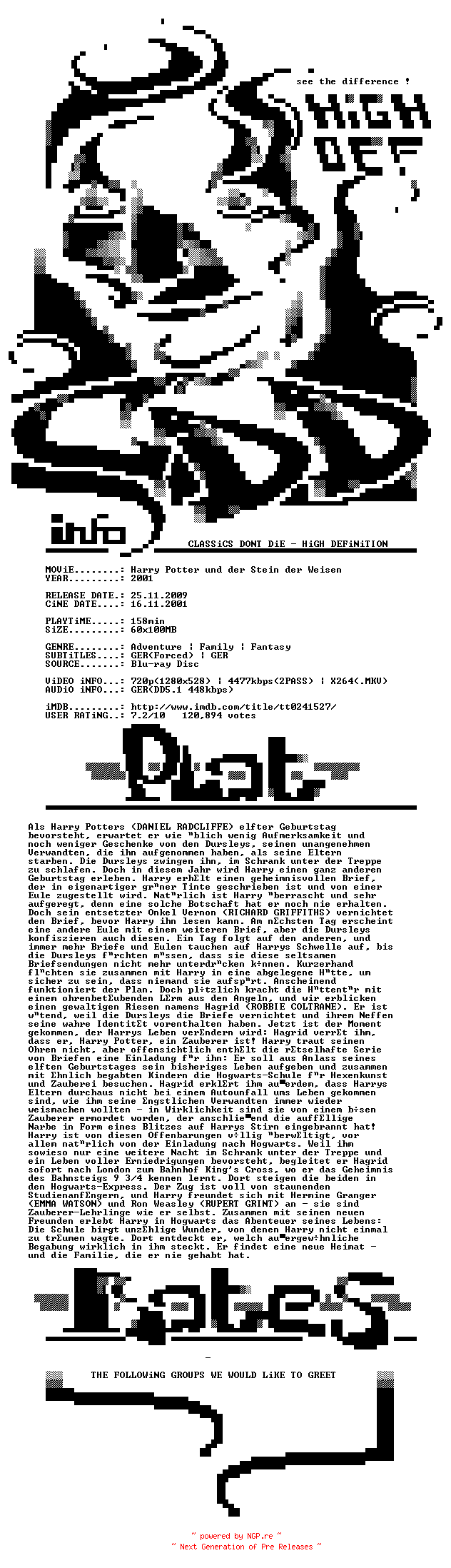 NFO for the release Harry.Potter.und.der.Stein.der.Weisen.Extended.Version.2001.German.720p.BluRay.x264-CDD by CDD