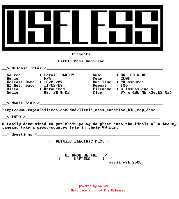 NFO for the release Little.Miss.Sunshine.2006.MULTi.BLURAY-USELESS by USELESS