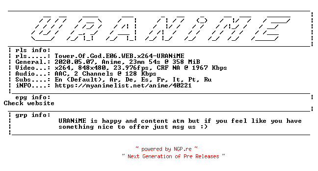 NFO for the release Tower.Of.God.E06.WEB.x264-URANiME by URANiME