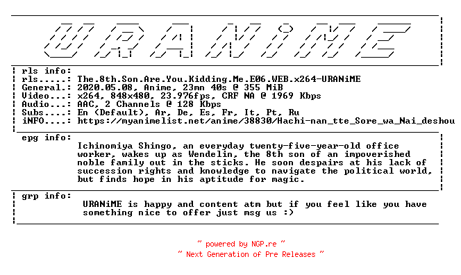 NFO for the release The.8th.Son.Are.You.Kidding.Me.E06.WEB.x264-URANiME by URANiME