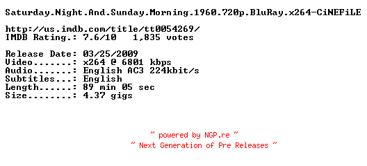 NFO for the release Saturday.Night.And.Sunday.Morning.1960.720p.BluRay.x264-CiNEFiLE by CiNEFiLE