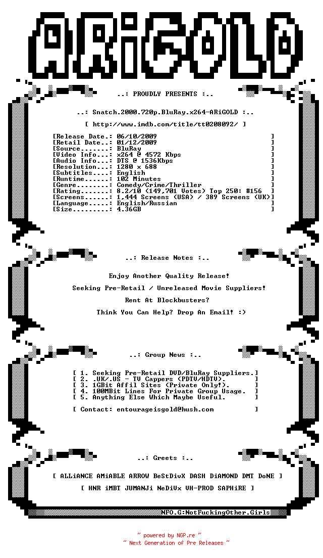 NFO for the release Snatch.2000.720p.BluRay.x264-ARiGOLD by ARiGOLD
