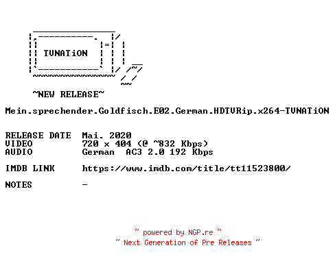 NFO for the release Mein.sprechender.Goldfisch.E02.German.HDTVRip.x264-TVNATiON by TVNATiON