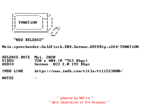 NFO for the release Mein.sprechender.Goldfisch.E04.German.HDTVRip.x264-TVNATiON by TVNATiON