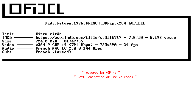 NFO for the release Kids.Return.1996.FRENCH.BDRip.x264-LOFiDEL by LOFiDEL