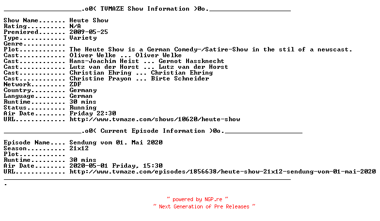 NFO for the release Heute.Show.2020-05-08.GERMAN.HDTV.x264-ACED by ACED
