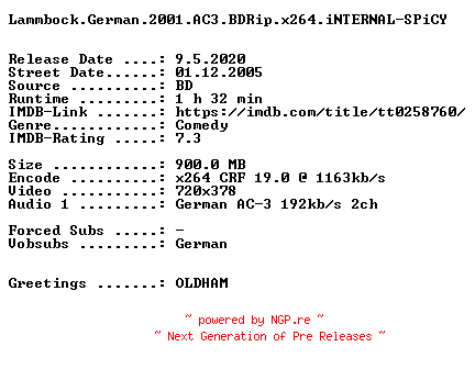 NFO for the release Lammbock.German.2001.AC3.BDRip.x264.iNTERNAL-SPiCY by SPiCY