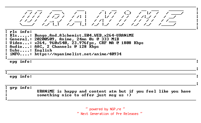 NFO for the release Bungo.And.Alchemist.E04.WEB.x264-URANiME by URANiME