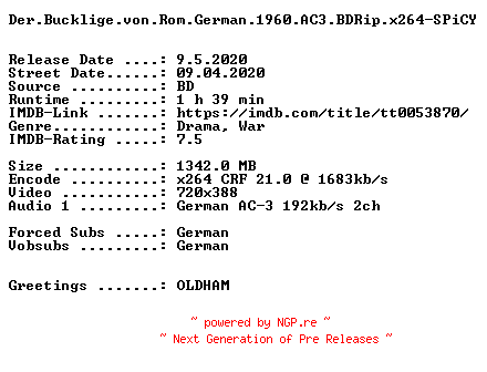 NFO for the release Der.Bucklige.von.Rom.German.1960.AC3.BDRip.x264-SPiCY by SPiCY