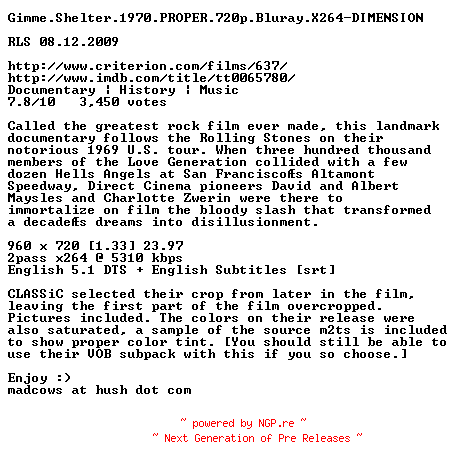 NFO for the release Gimme.Shelter.1970.PROPER.720p.Bluray.X264-DIMENSION by DIMENSION