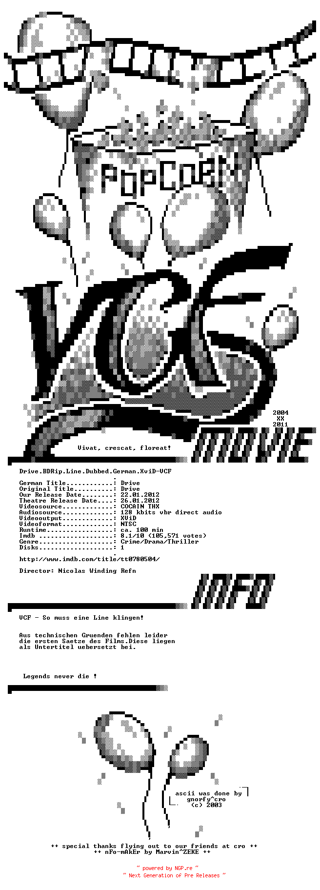 NFO for the release Drive.BDRip.Line.Dubbed.German.READ.NFO.XviD-VCF by VCF