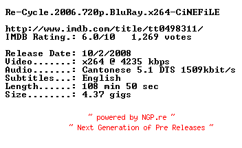 NFO for the release Re-Cycle.2006.720p.BluRay.x264-CiNEFiLE by CiNEFiLE