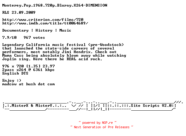 NFO for the release Monterey.Pop.1968.720p.Bluray.X264-DIMENSION by DIMENSION