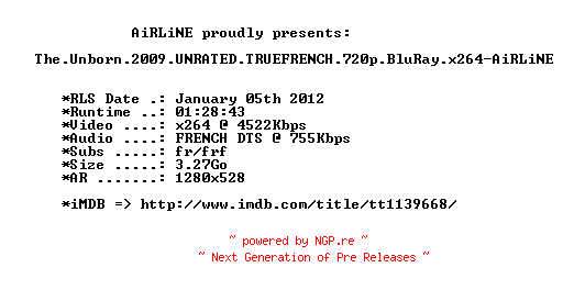 NFO for the release The.Unborn.2009.UNRATED.TRUEFRENCH.720p.BluRay.x264-AiRLiNE by AiRLiNE