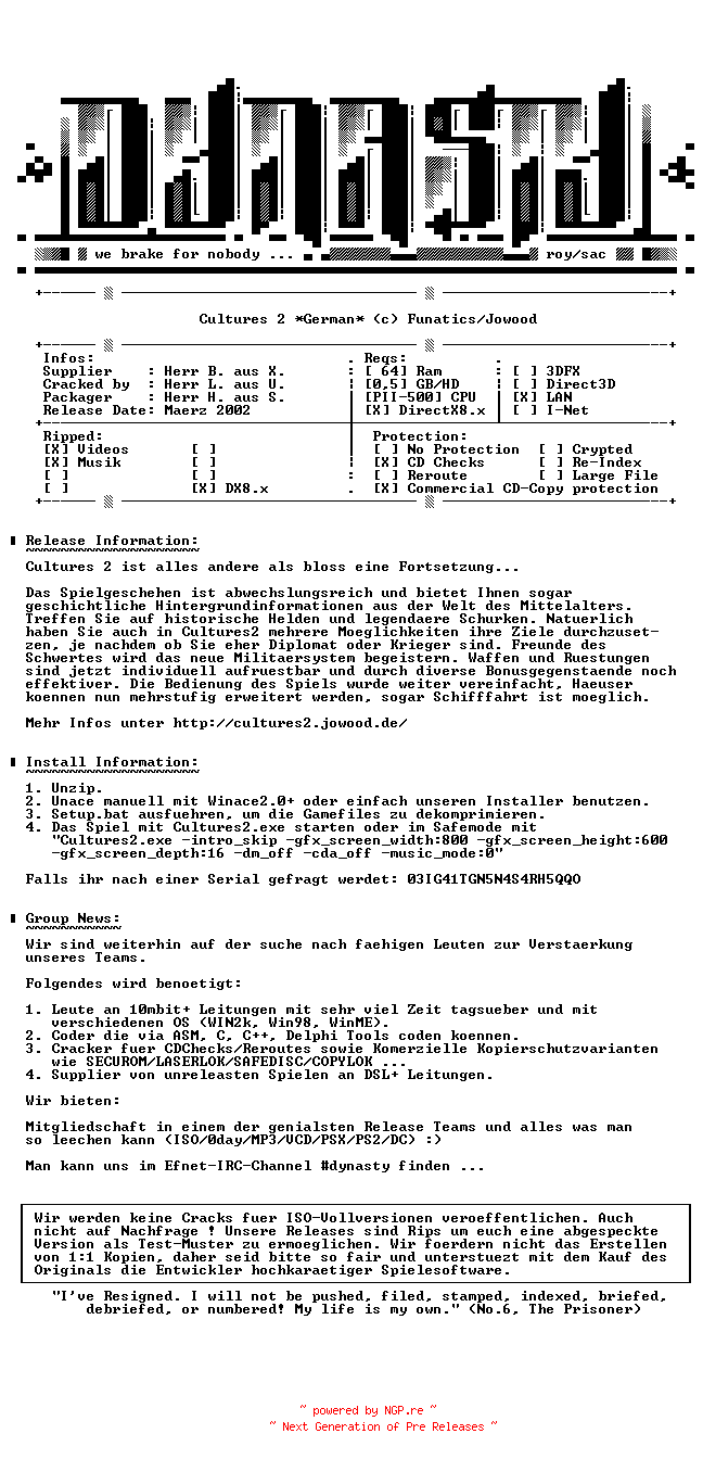 NFO for the release Cultures.2.GERMAN-DYNASTY by DYNASTY