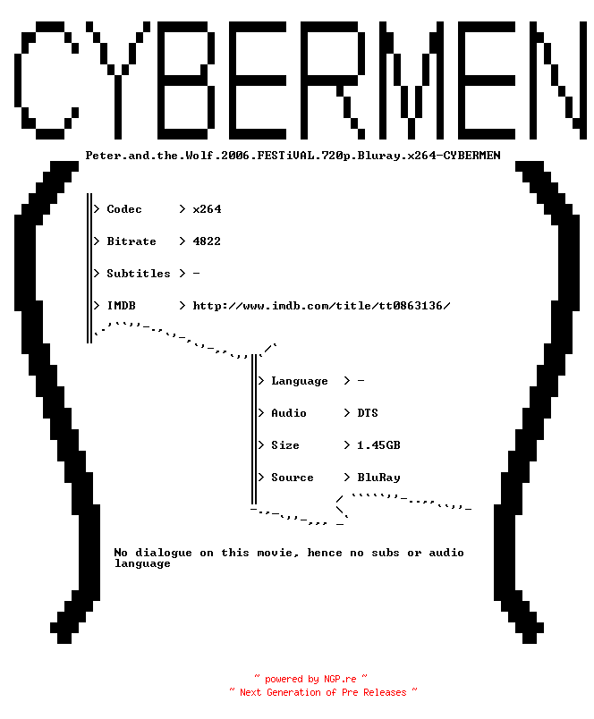 NFO for the release Peter.and.the.Wolf.2006.FESTiVAL.720p.Bluray.x264-CYBERMEN by CYBERMEN