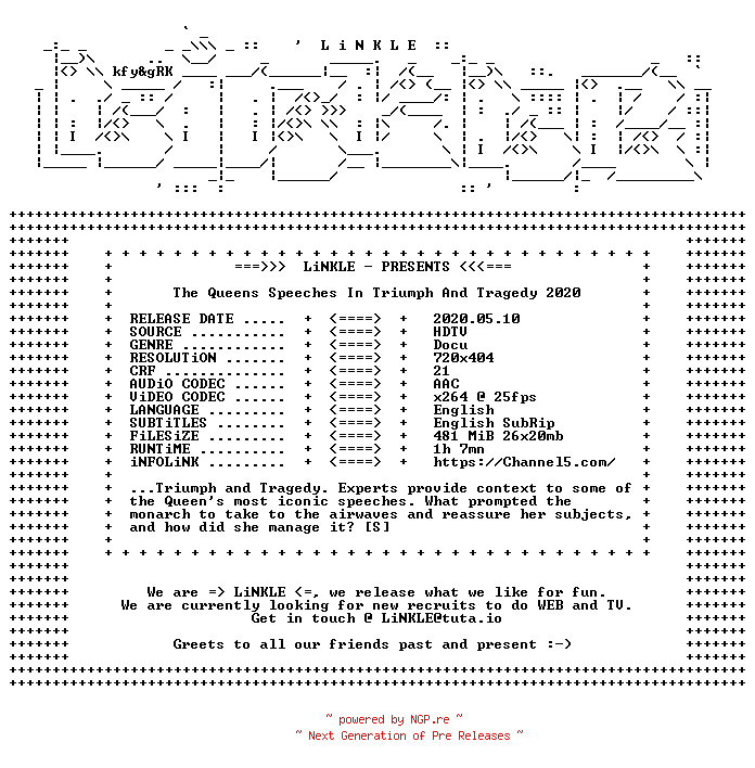 NFO for the release The.Queens.Speeches.In.Triumph.And.Tragedy.2020.HDTV.x264-LiNKLE by LiNKLE