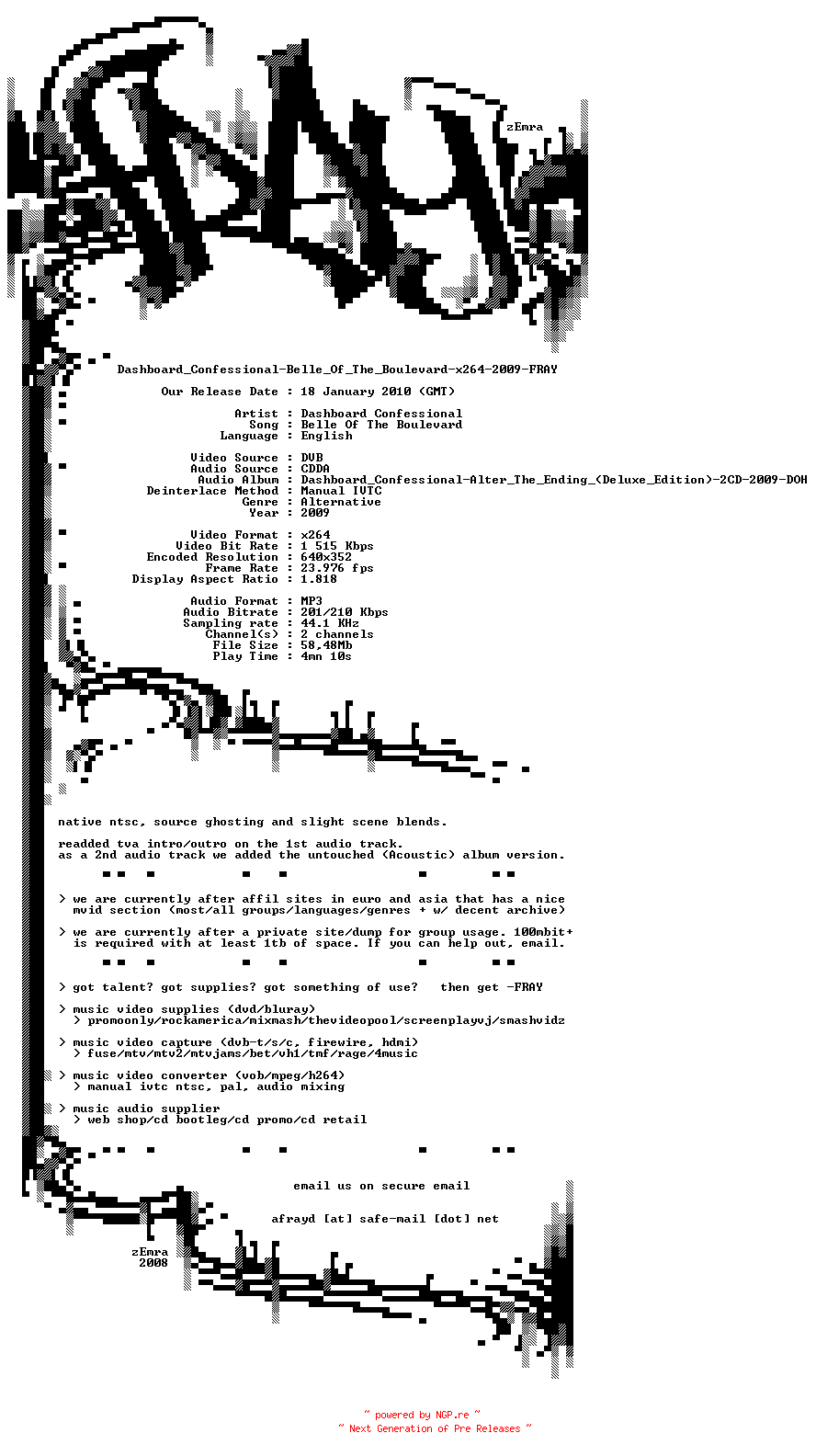 NFO for the release Dashboard_Confessional-Belle_Of_The_Boulevard-x264-2009-FRAY by FRAY