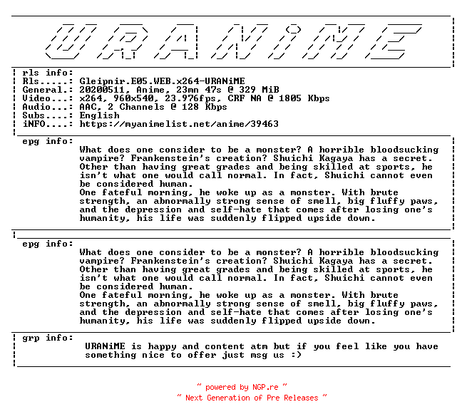 NFO for the release Gleipnir.E05.WEB.x264-URANiME by URANiME