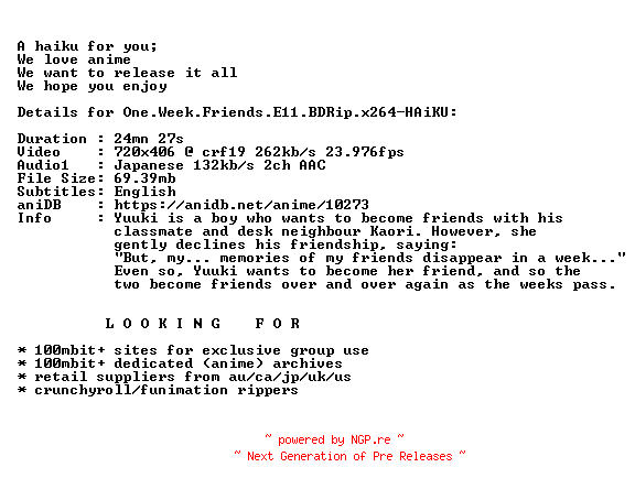 NFO for the release One.Week.Friends.E11.BDRip.x264-HAiKU by HAiKU