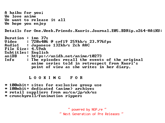 NFO for the release One.Week.Friends.Kaoris.Journal.E05.BDRip.x264-HAiKU by HAiKU